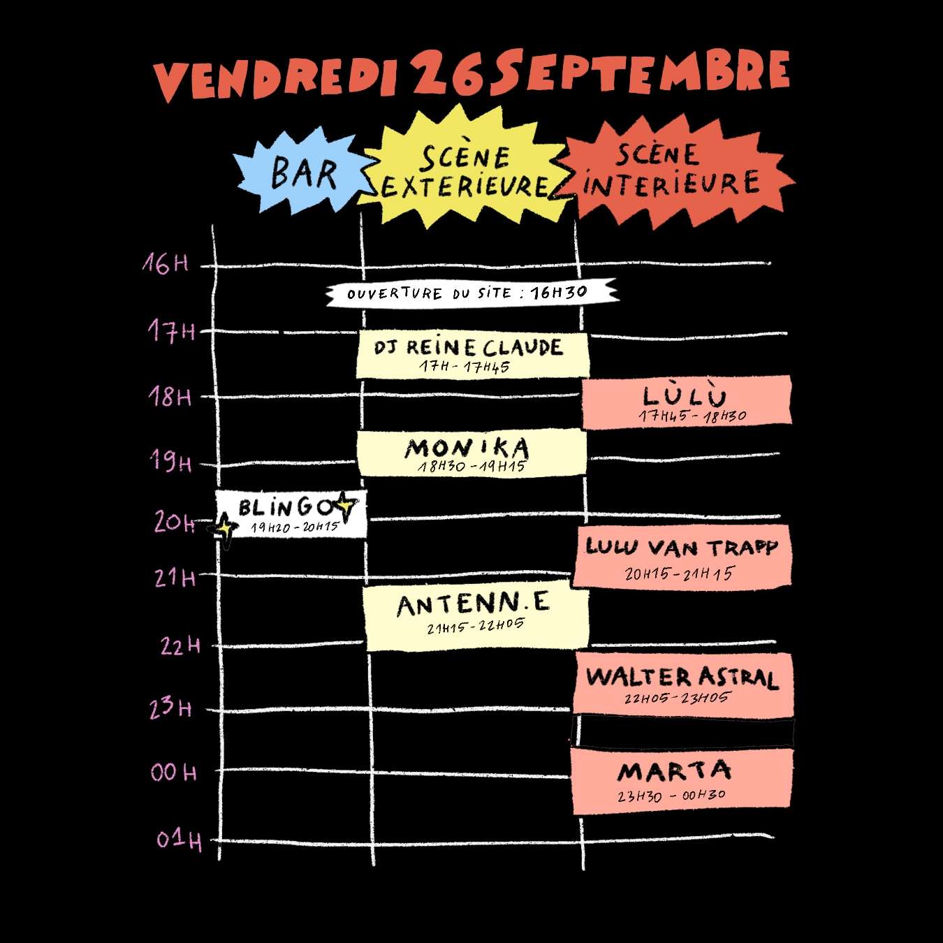 Timetable Jour 1 des 20 ans de L'Épcierie Moderne - vendredi 26 septembre 2025